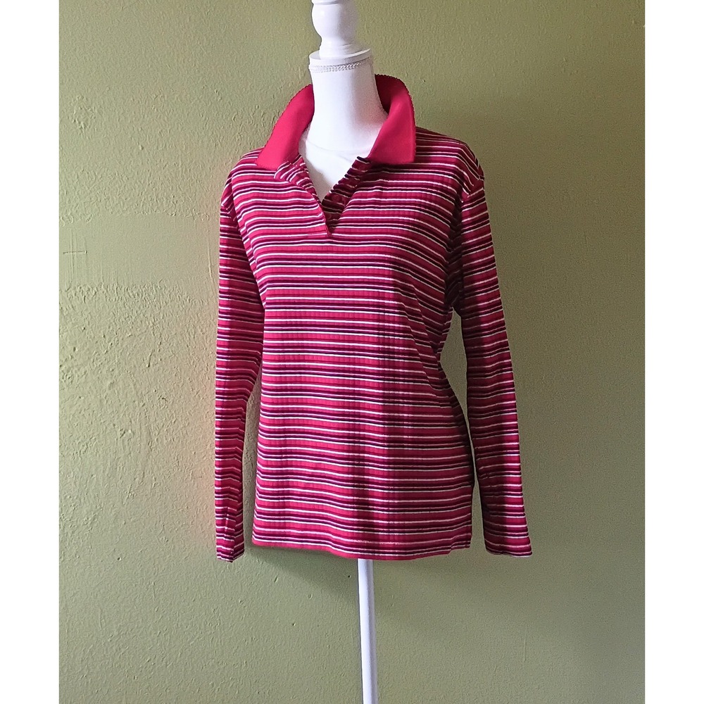 Preppy Collegiate Chic Womens Red Striped Long Sleeve Polo Shirt V-Neck  Large